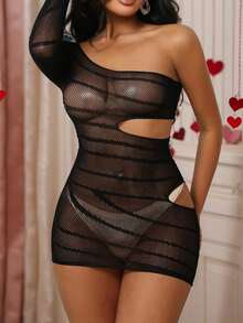 Women's Sheer Mesh Bodycon Dress - Asymmetric Bra Top With Distressed Fishnet Sleeves And Revealing Low Waist Design, Hand Wash Stretchable Outfit Suitable For Clubwear, Theme Parties And Intimate Occasions (No Padding) - Black - View 6