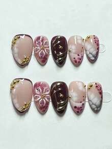 10pcs Purple Tie Dye Print Almond Shaped Metal Texture French Manicure Press-On Nails, Fashionable DIY Nail Art - Multicolor - View 1