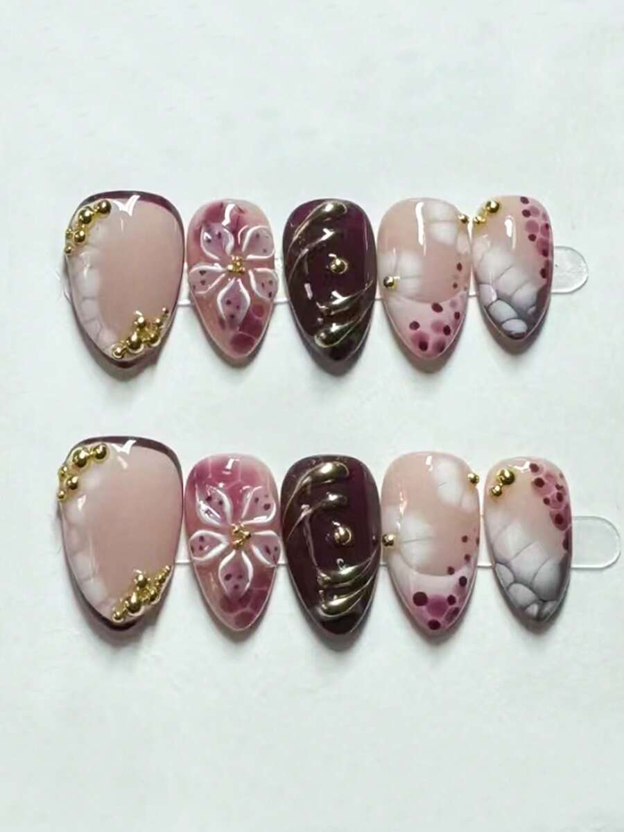 10pcs Purple Tie Dye Print Almond Shaped Metal Texture French Manicure Press-On Nails, Fashionable DIY Nail Art - Multicolor - View 1