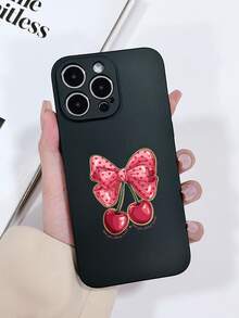 1pc Matte Texture Black Perforated Anti-Drop TPU Painted Heart, Cherry, Bow Pattern Phone Case Compatible With IPhone 15/15 Pro/15 Plus/15 Pro Max/16/16 Pro/16 Plus/16 Pro Max, Galaxy S23 Ultra/A14/A24, Android Phones Redmi Note 12 Pro - Multicolor - View 4