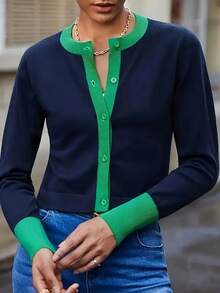 Women's Colorblock Round Neck Cardigan, Colorblock Trim, Long Sleeve Button Front Knit Sweater, Suitable For Spring And Autumn - Royal Blue - View 2