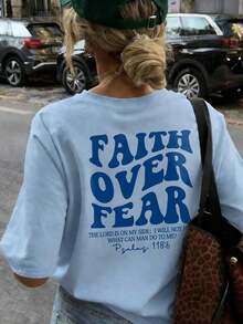 1pcs Plus Size Women's T-Shirt, Printed With "FAITH OVER FEAR" And Bible Verse Designs On The Back, Suitable For Church Services, Religious Activities - 藍色 - 查看 3