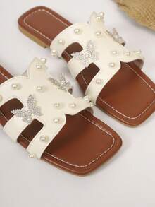 Women's Flat Square Toe Pearl Decor Fashion Beach Sandals, Summer Non-Slip Soft Bottom Plus Size Flat Slippers, Suitable For Beach Vacation, Daily Wear, Performance And Party - Beige - View 5