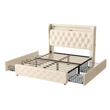 Upholstered Bed 140x190 Cm With LED Lighting And USB Socket, Headboard With Shelves And Storage Space, Flat Double Bed With 4 Drawers, Velvet. - White - View 10