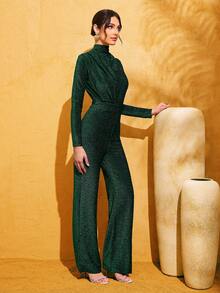 LOVE&LEMONADE Women's Shiny Green Turtleneck Ruched Design Long Sleeve Jumpsuit - Green - View 5