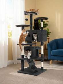 Tree Tower Indoor Cats, 53.9in Multi-Level Furniture Activity Center, House With Sisal Scratching Post, Large Dual Condo, Climbing Ladder, Plush Toy Kitten - 灰燼 - 查看 2