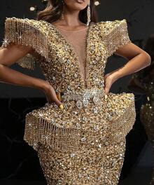 Autumn And Winter Women's Sexy Sequin Tassel Tail Party Dress Bodycon Dress - 金色 - 查看 5