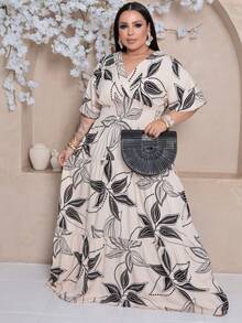 Plus Size Long Dress With V-Neck And Short Sleeves - Nude Print - View 1