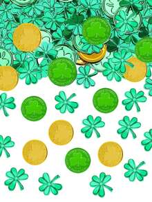 塑料幸运币和三叶草纸屑桌饰，爱尔兰幸运三叶草纸屑，圣帕特里克节桌饰，适用于圣帕特里克节派对装饰、伴手礼、生日派对、迎婴派对、婚礼装饰 - 彩色 - 查看 1