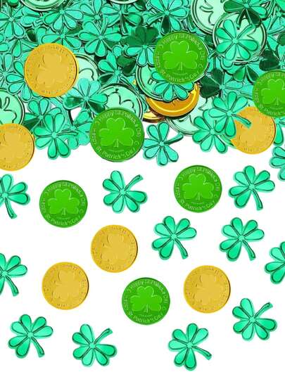 塑料幸运币和三叶草纸屑桌饰，爱尔兰幸运三叶草纸屑，圣帕特里克节桌饰，适用于圣帕特里克节派对装饰、伴手礼、生日派对、迎婴派对、婚礼装饰
