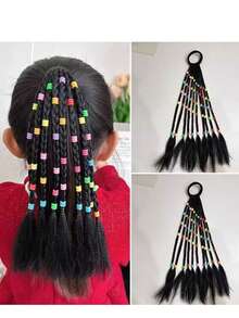 Children's Short Ponytail Wig With Colored Beads Hand Woven Braid Hair Accessory For Kids - Multicolor - View 8