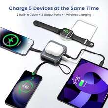 Portable charger for wall plug AC, magnetic wireless power bank with 6-in-1 integrated cables, 10000 mAh battery, 22.5 W Type-C input and output for fast charging - Gris - Ver 3