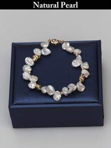 1条天然珍珠手链，淡水巴洛克珍珠手链，可调节白色珍珠手链，女士日常、假日、婚礼、派对配饰