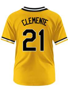 Boyfriend Style Men's  21 Yellow Baseball Jersey Casual Short Sleeved Embroidered And Stitching V-Neck Button T-Shirt Party Sports Top - Màu vàng - Xem 3