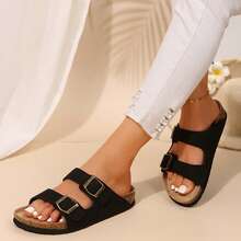 Women Comfort Straps Adjustable Buckle Cork Footbed Slides Flats Sandals Shoes Summer Outdoor Walking Travel - 黑色 - 查看 9