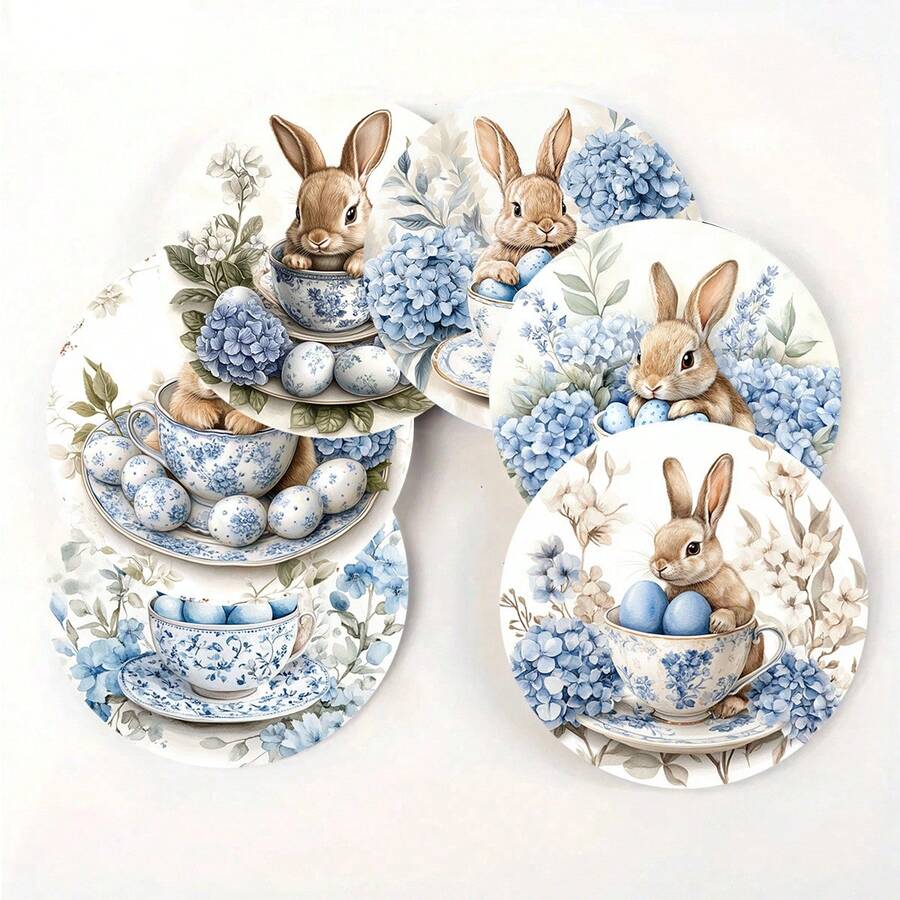 6pcs/Set Easter Blue Hydrangea & Rabbit Pattern Wooden Coasters, Suitable For Home, Restaurant And Various Occasions, Can Be Used As Daily Gifts, Desktop Decorations And Theme Party Decorations, Easter Gifts, Easter Decorations, Available In 1 Set, 2 Sets Or 31 Sets - White - View 1