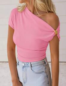 Women's 2026 Summer Off Shoulder Tops Going Out Y2k Shirts Spring Cap Sleeve Ruched Asymmetrical Blouses - Pink - View 2
