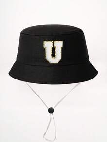 1顶26字母印花儿童渔夫帽+可拆卸防风绳，可调节户外遮阳帽，适合男孩女孩，春秋季旅行、海滩、度假 - 黑色 - 查看 5