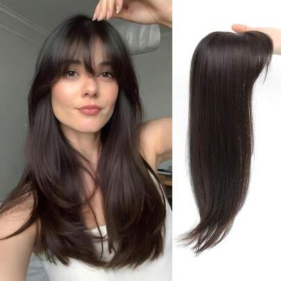 Hair Toppers For Women Real Human Hair 12 Inch Natural Black With Wispy Bangs 360°3D Cover,Upgrade Big Base Breathable & Comfortable Human Hair Toppers For Thinning Hair, Breathable Inner Mesh