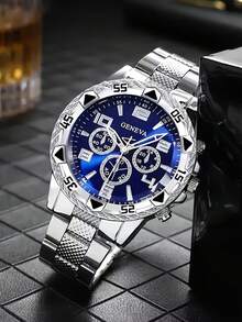 2pcs/Set Fashionable Business Men's Round Black Steel Band Quartz Watch, Paired With Diamond Bracelet Combination Gift Set, Suitable For Holidays, Parties, Business And Daily Wear - Blue - View 4