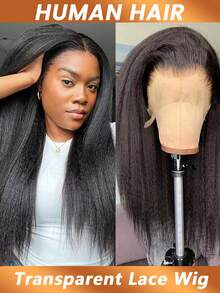 13x4 Transparent Kinky Straight Lace Front Wigs Yaki Straight Human Hair Wigs Bleached Frontal Wigs Texture & Full Volume For Women Pre Plucked 200% Density - Natural Black - View 4