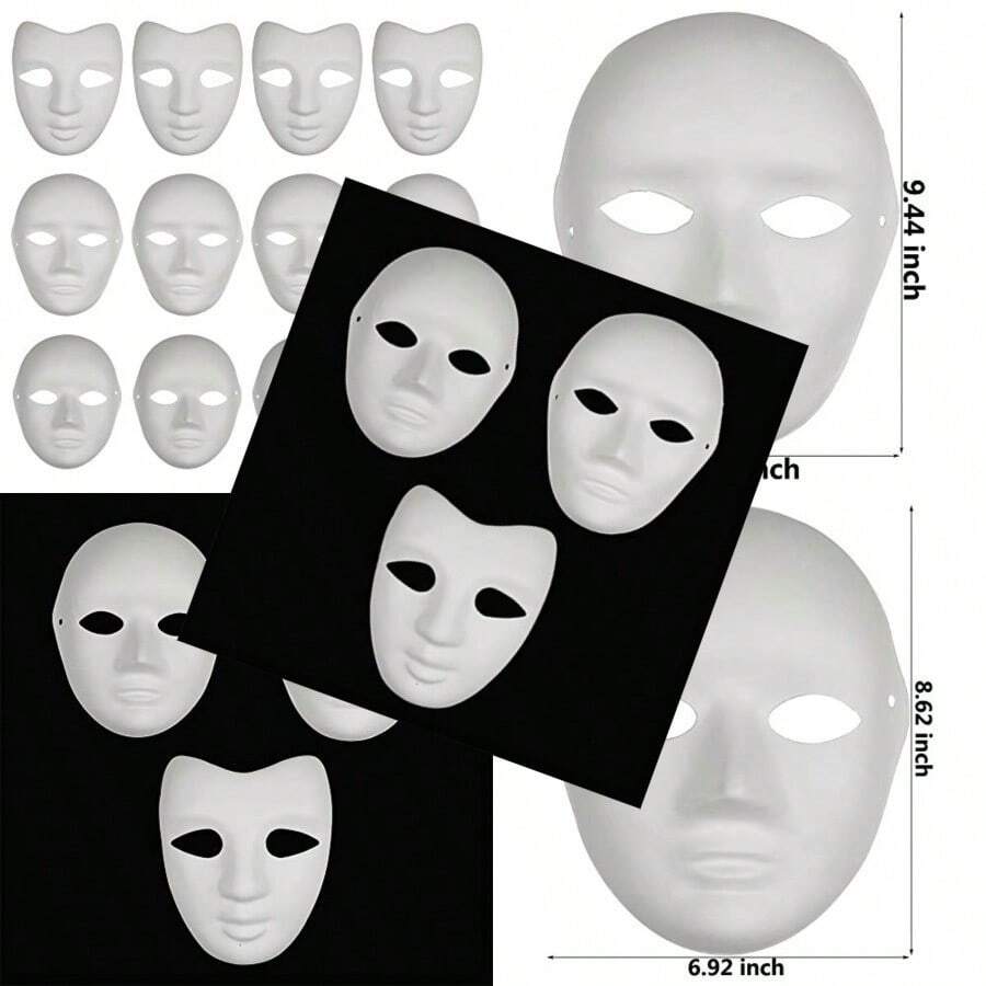 12PCS Paper Mache Art Mask White DIY Full Face Masks Blank Paintable Mask Costume For Mardi Gras Cosplay Masquerade Dance Party - 如圖 - 查看 1