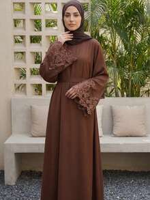 1pc Women's A-Line Sleeve Lace Arabic Traditional Solid Color Eid Al-Fitr Holiday Casual Jalabeya Robe Robe Spring - Coffee Brown - View 2