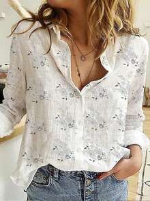 Women's Spring And Autumn Clothing, Elegant Ladies' Shirts With Printed Lapel And Front Button Fastening, Elegant Ladies' Casual Tops, Fashionable Ladies' Long-Sleeved Shirts For Spring And Autumn Seasons - White - View 8