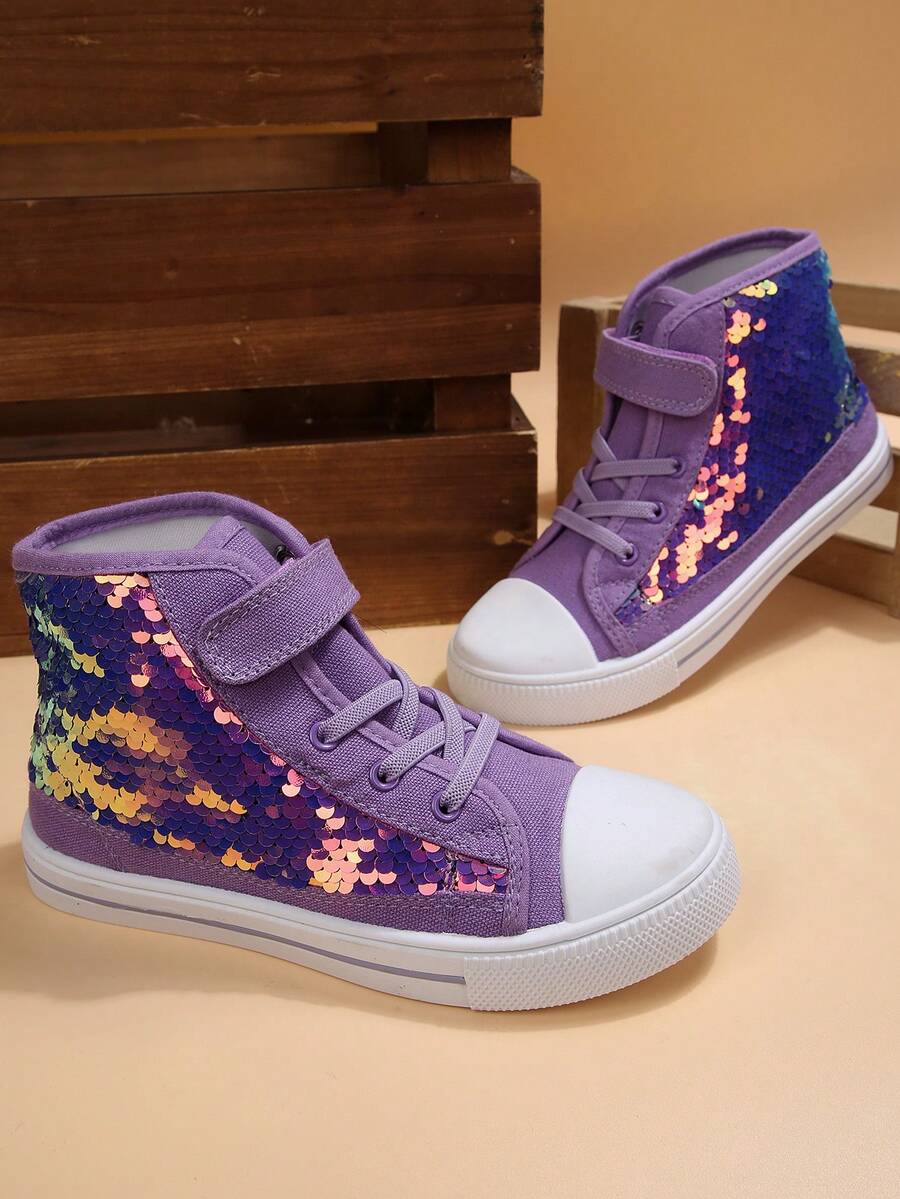 SUNCOM Comfortable & Non-Slip Kids Sneakers – High Top Glitter Canvas Shoes For Boys & Girls, Breathable & Versatile Hook & Loop Design - 紫色亮片 - 查看 1