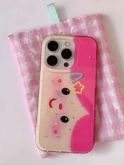 1pc Cute Shiny Kawaii Big Eyes Girl Face Phone Case - Practical Holiday Gift, Star And Heart Pattern Shock-Proof Protective Cover, Suitable For IPhone 17/16 Pro Max/15/14/13/12/11/17 Pro/16 Plus/15 Pro Max