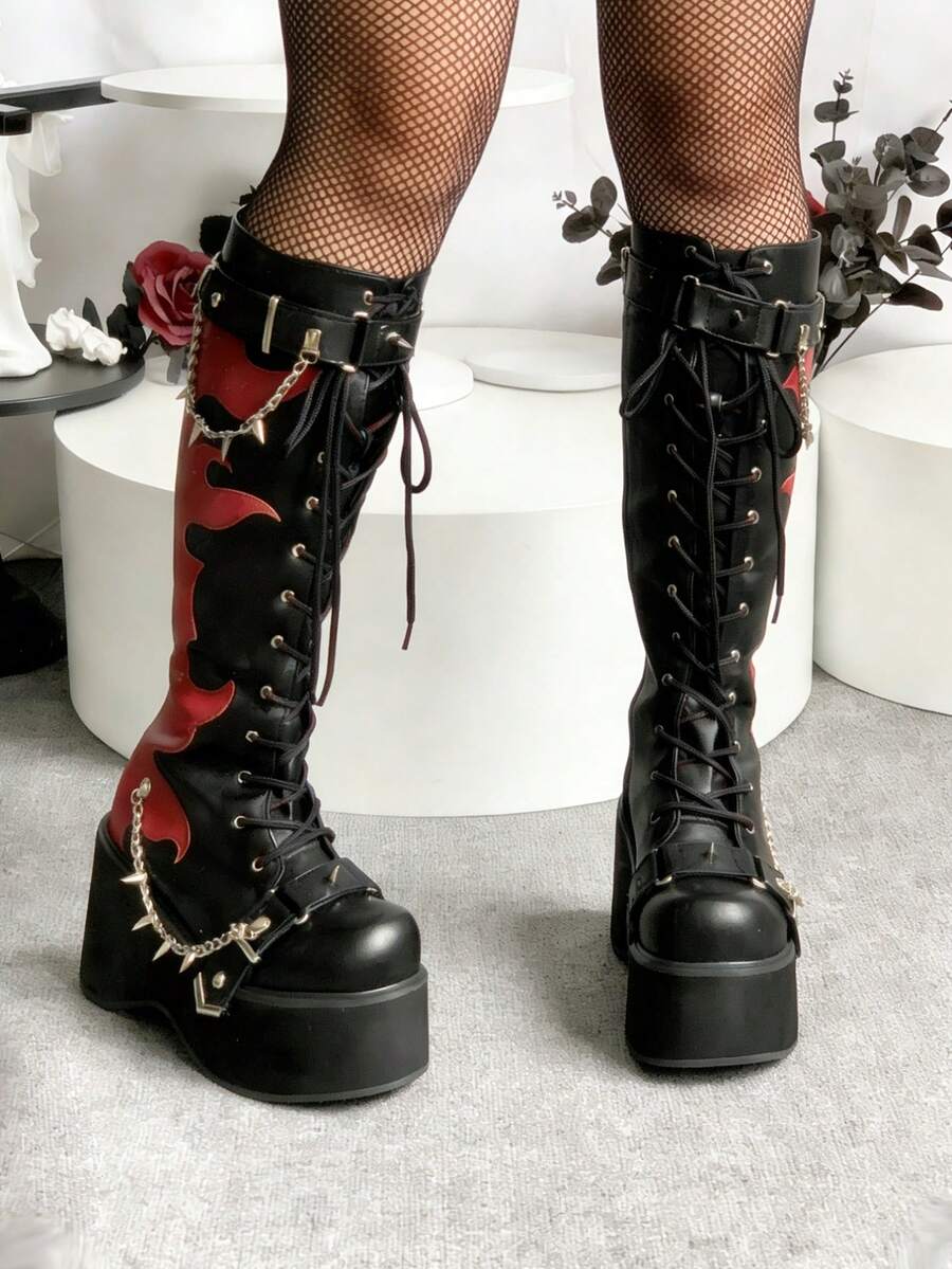 Goth Platform Boots For Women Back To School Punk Motorcycle Boots Mid Calf Round Toe Boots Back Zip Wedges Fall Boots - 黑紅色2 - 查看 1