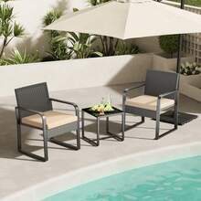 3pcs Patio Set Outdoor Wicker Chairs,Rattan Metal Furniture Sets With Cushions And Glass Top Table, Rattan Furniture Sets For Garden, Porch - 米色 - 查看 1