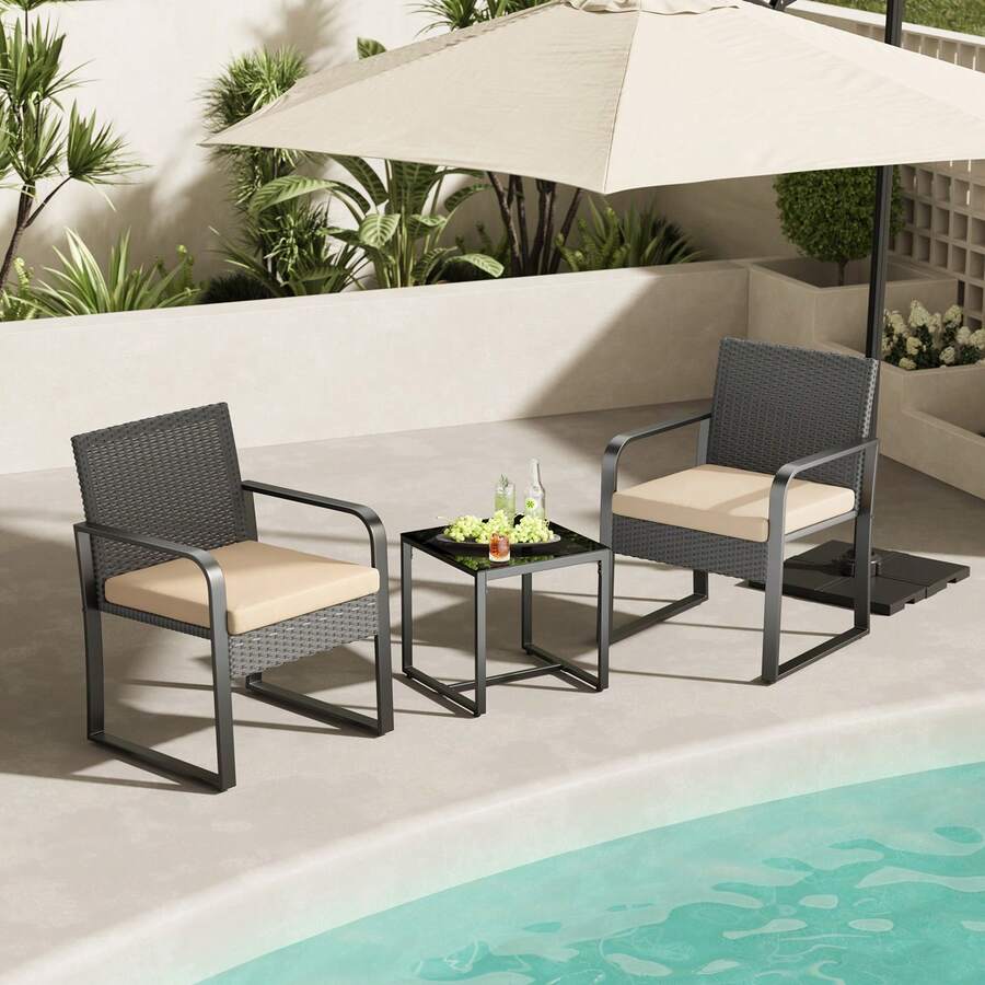 3pcs Patio Set Outdoor Wicker Chairs,Rattan Metal Furniture Sets With Cushions And Glass Top Table, Rattan Furniture Sets For Garden, Porch - 米色 - 查看 1