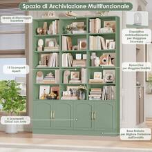 209cm Bookcase Tall Bookshelf With Doors 7-Tier Living Room Bookcase And Shelving Unit Free Standing Display Rack With 15 Open Compartments 209x150x23.7cm Green - Green - View 3