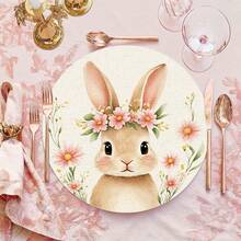 2/4/6/8pcs Round, Floral, Rectangular Brown Cute Rabbit, Pink Wreath Easter Happy Placemats, Pink Themed Seasonal Spring Dining Table Mats, Suitable For Party, Kitchen, Dining Room Decor - Multicolor - View 8
