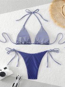 Bộ bikini đi biển mùa hè, họa tiết chấm bi phối màu tương phản, kiểu dáng hở lưng, buộc dây. - Màu xanh lam - Xem 3