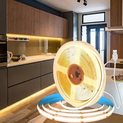 1pc COB LED Strip Light, Cabinet Lighting, Warm White Color, USB/TV Box Two Power Supply Methods, Super Bright Flexible, High-Density, Residential Self-Adhesive And Cutting Flexible LED Tape Light, Very Suitable For Bedroom, Living Room, Staircase, Kitchen And Corridor Environment Decoration