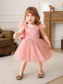 Baby Girls' Pink Cap Sleeve Bow Beaded Mesh Elegant Party Dress, Princess Dress Suitable For Girls, 1st Birthday, Party, Banquet, Wedding Flower Girl, Holiday Celebration - Pink - View 9