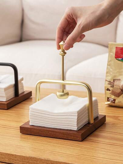 1pc Luxury Metal Tissue Holder, Square Wooden Base, Modern Minimalist Table Organizer, Open Design - Suitable For Restaurants, Hotels, Bathrooms, Kitchens - Decorative Tissue Holder, Table Napkin Holder, Hotel Supplies