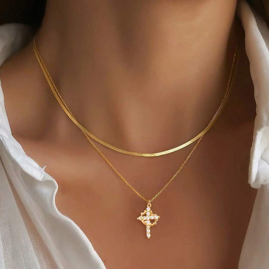 Bộ 2 món dây chuyền choker bằng thép không gỉ nhiều lớp, mặt dây chuyền hình vương miện và thánh giá màu vàng/bạc cổ điển thời trang dành cho nữ. - Vương miện Thập tự giá - Xem 1