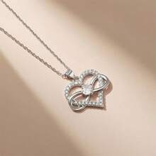 1pc Fashionable Women's Pendant Necklace, Featuring Luxurious & Elegant Design With Sparkling Heart-Shaped Cubic Zirconia Pendant, Made Of 925 Sterling Silver, 3g Weight, Suitable For Daily Wear, Dates, Commuting Or Valentine's Day Gift - White Gold - View 3