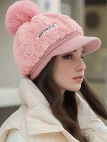 20024 New Knitted Korean Style Autumn/Winter Cute Women Rabbit Fur Warm Beret Hat, Thick Pom Pom Cold-Proof Cap
