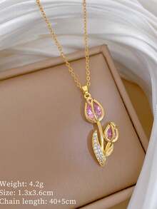1pc Stainless Steel Chain Zirconia Tulip Pendant Fashion Necklace Jewelry, Gift Accessory - Type a - View 3