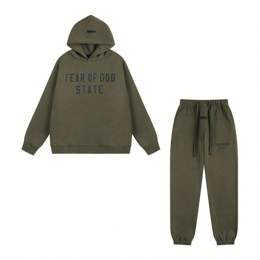 Fashionable Suit, Casual Hooded Sweatpants Set, Equipped With Pocket Drawstring Design, Loose Fit Design - Green and Black - View 1