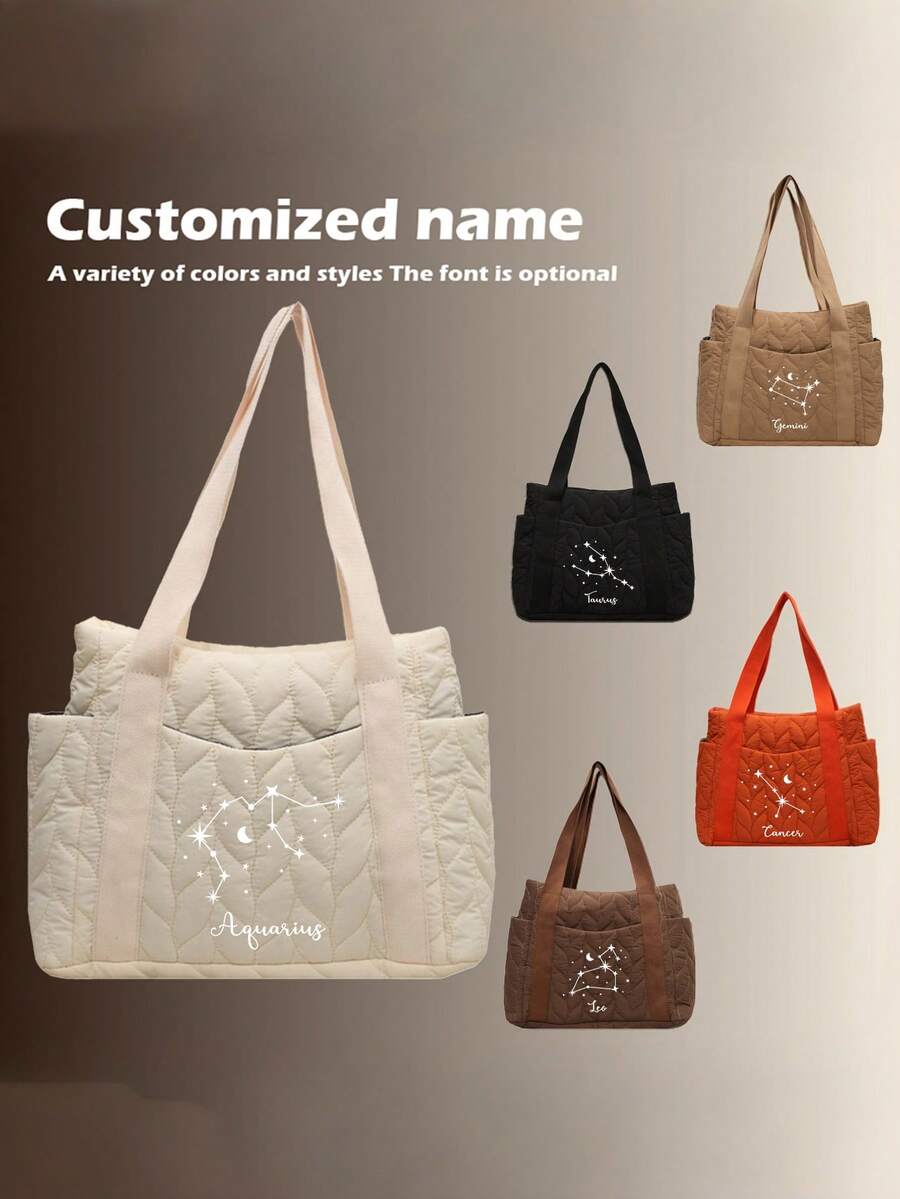 (Embroidered Custom) 1pc New Upgraded Constellation Women Tote Bag, Large Capacity Travel Backpack, Customizable Name, Zipper Closure, Thick Padding, Minimalist & Versatile, Casual Commute, Perfect Gift - Multicolor - View 1