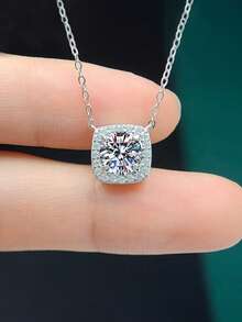 1pc 925 Sterling Silver 1 Carat 6.5mm Moissanite Square Pendant Necklace, Suitable For Women's Daily Wear, Parties, Vacations, Valentine's Day, Mother's Day, Wedding Anniversary, Birthday Jewelry Gift