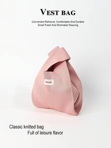 Mini Lightweight Foldable Breathable Red & Pink Knitted Handbag Wristlet, Contrast Color, Suitable For Photography, School, Vacation, Shopping, Women & Students - Pink - View 6