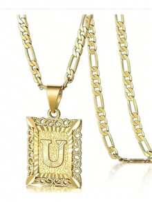 Initial Necklace Square Letter Pendant Necklace Capital Monogram Necklace Alhpabets From A-Z Figaro Chain Necklace - Multicolor - View 18