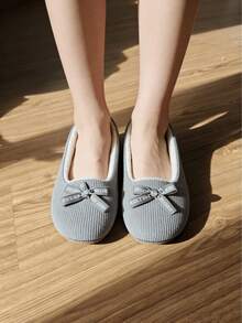 Women's New Solid Color Ballet Flats, Corduroy Material With Bow Decor, Indoor Comfortable Quiet Non-Slip Soft Bottom Fluffy Slip-On Slippers - Grey - View 4