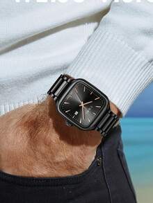 TOMI Quartz Men's Watch Set With Logo Pin & Ring, Stainless Steel Strap, Vintage Textured Blue Dial, Square Case, Luxury Gift Box Suitable For Daily Life, Business Events, Father's Day, Valentine's Day, Christmas, Commuting, Dating